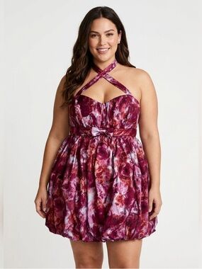 🌸TÓRRID Plus size  prom satin halter bubble hem mini bow dress size 22